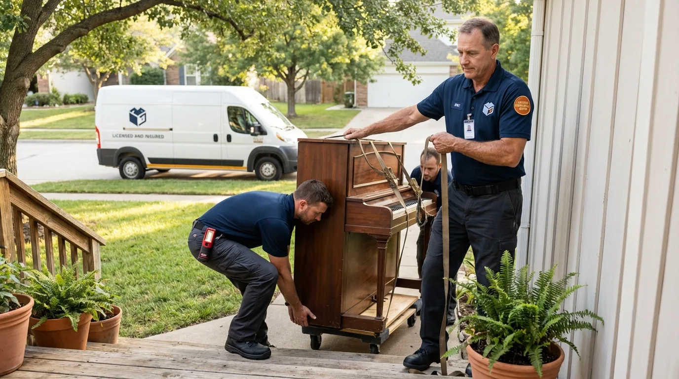Licensed piano movers securing grand piano in Milford, IN