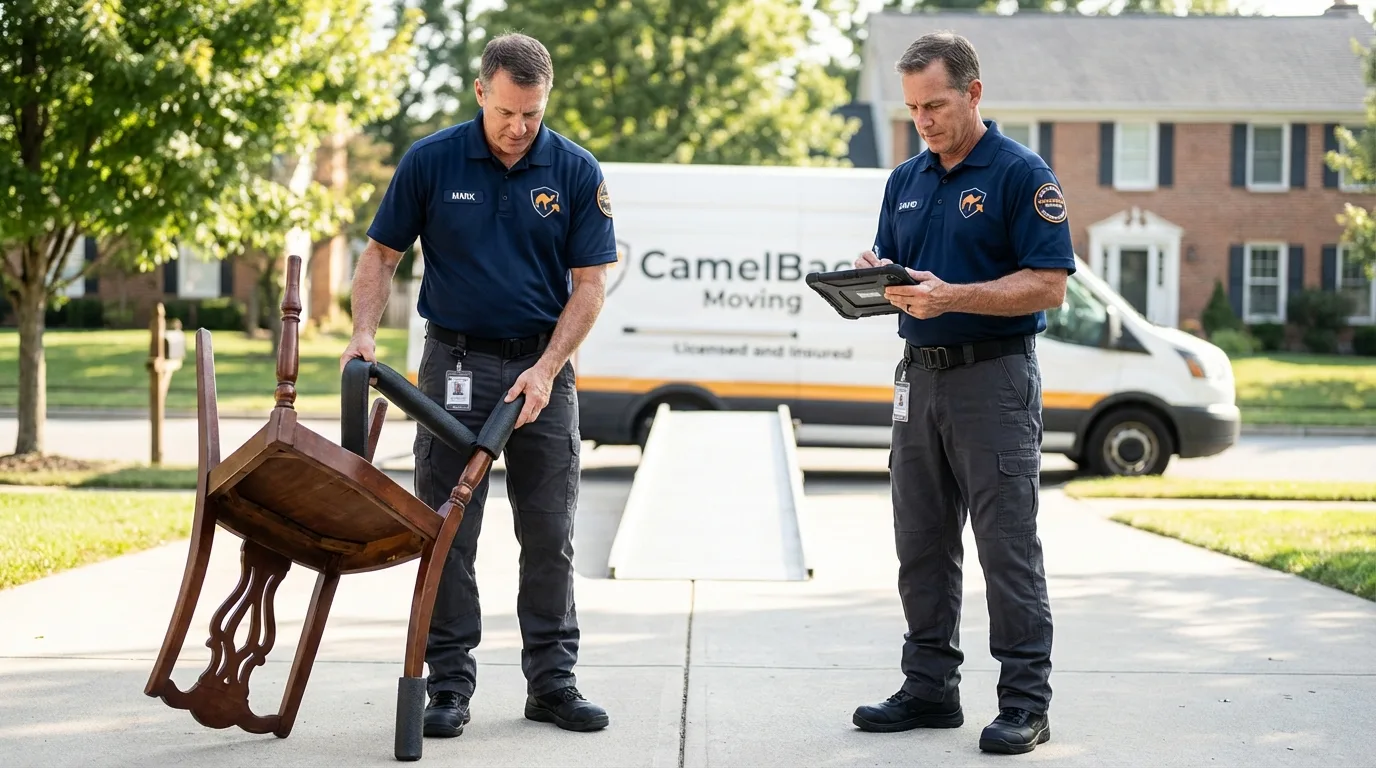 Movers inspecting furniture for damage prevention before loading in Milford, IN
