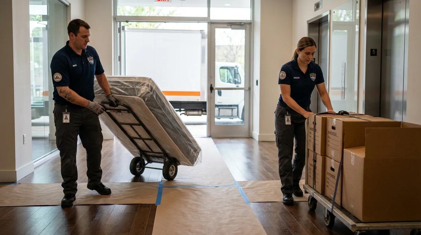 Professional apartment movers loading elevator in Milford, IN