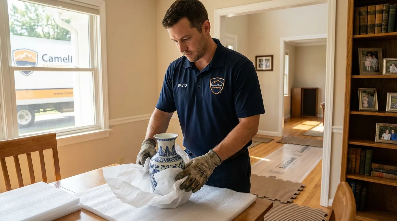 Professional crew carefully wrapping antique vase for senior downsizing move in Milford, IN